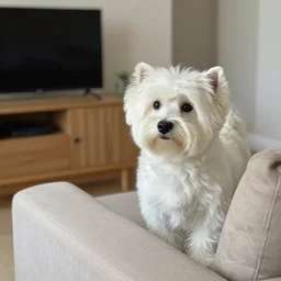 maltese watching tv on sofa