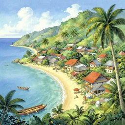 beautiful seaside tropical village by moebius, intricate, very beautiful, highly detailed
