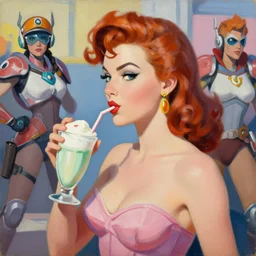 rembrandt portrait painting of a sexy beauty 1 9 4 0's pinup drinking a milkshake as overwatch's characters, medium shot, asymmetrical, profile picture, organic painting, sunny day, matte painting, bold shapes, hard edges, street art, trending on artstation