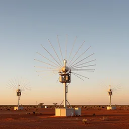 weather station, multiple radial shaped, atmospheric water extractor, nikola tesla antenna array technology, in the red australian desert, dawn's natural light, high quality photograph, shallow depth of field, simple composition, symmetrical, golden ratio