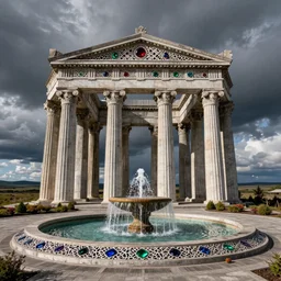 wide long shot, wide angle, brutalist spomenik structure, taiga landscape, greek doric ionic corinthian fountain, by Roger Dean, by Dean Ellis, by Thomas Kinkade, intricate geometric lace with rubies, emeralds, sapphires,