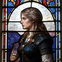 side - view portrait of yennefer from the witcher 3, 1 0 th century stained glass window, very masterful