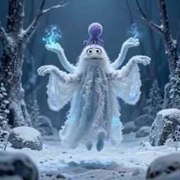 an ethereal fluffy ghostly live action muppet wraith like figure with a squid like parasite latched onto its head and four long tentacle arms that flow lazily but gracefully at its sides like a cloak while it floats around a frozen rocky tundra in the snow searching for lost souls and that hides amongst the shadows in the trees, this character has hydrokinesis and electrokinesis is a real muppet by sesame street, photo realistic, real, realistic, felt, stopmotion, photography, sesame street