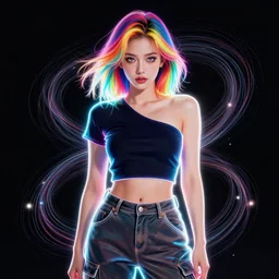 a award winning half body portrait of a beautiful woman with stunning eyes in a one off shoulder croptop and cargo pants with rainbow colored hair, outlined by whirling illuminated neon lines and fine lines swirling in circles by jesper ejsing and rhads and makoto and shinkai and lois van baarle, digital art, trending on artstation