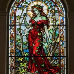 a stunningly detailed full body stained glass window of a beautiful queen dressed as poison ivy with green skin on one half of her body and white skin on the other half, wearing a long floor length crimson dress, dark eyeliner, intricate, elegant, highly detailed, digital painting, artstation, concept art, sharp focus, illustration, art by greg rutkowski and alphonse mucha
