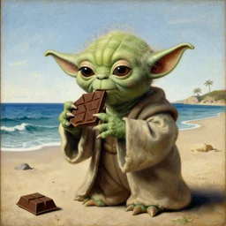 renaissance oil painting of Yoda eating chocolate on the beach