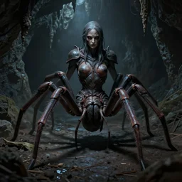 creepy matte painting of an armored female spider centaur with eight spider legs in a dark cave, ultra detailed, monster, half human half spider, human torso and head, human face, human arms, spider thorax, creature design, concept art, 8 k, moody lighting, muted colors, blue tone light, dramatic lighting, realistically proportioned face