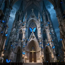 an award winning concept art of a gothic church full of blue butterflies, hyper detailed, unreal engine, octane render, perfection, 8 k, dramatic lighting, cinematic