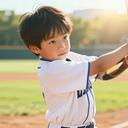 a boy hitting a homerun in a baseball game on an idyllic beautiful summer day. Close up. Asian boy with black hair and green eyes. Lens flare. Golden hour. Craig Mullins. Ruan Jia Makoto shinkai.