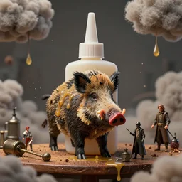 hardmesh retro futurist post - big glue bottle as 2 8 mm miniature of sticky wild boar standing on the table, toxic clouds, fly particles, dust, acid drops, fantasy digital art, thievery equipment, sculduggery, by kim jung gi, zabrocki, karlkka, jayison devadas