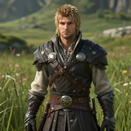 a handsome masculine alistair from dragon age, ultra detailed, cinematic shot, photorealistic, octane render, high definition, drawn by gerry arthur, fine details, 8 k, with lush grassy background