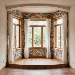colour 3 5 mm, empty small penthouse interior, open floor, big windows, long white curtains, beautiful wall paper, stucco,