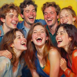 incredible beautiful detailed intricate and photorealistic painting of a group of friends laughing together. the colors are very vibrant and the people in the photo look very happy and beautiful. vibrant colors, very funny, personal, positive, visually pleasing, engaging and contains humans. high resolution. high quality. photorealistic. hq hd. 8 k. trending on artstation.
