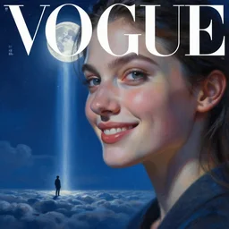 3 d, sci - fi, close - up, night, smiling fashion model face, moon rays, cinematic, clouds, vogue cover style, man on the horizon : :. 1, blue mood, realistic painting, intricate oil painting, high detail illustration, figurative art, multiple exposure, poster art, 3 d, by tooth wu and wlop and beeple