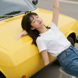 an attractive young women reclining on a yellow 1 9 8 5 porsche 9 1 1 turbo, photo 4 k