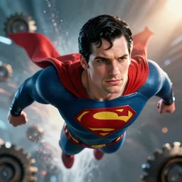 pickle rick as superman! flying in ( gears of war ), splash art, movie still, detailed face, photo realistic facial features, cinematic lighting, dramatic, octane render, long lens, shallow depth of field, bokeh, anamorphic lens flare, ( 8 k ), hyper detailed, 3 5 mm film grain