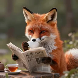 cute fox!! drinking tea and reading newspaper, photorealistic rendering, digital art