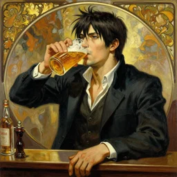 chris redfield drinking beer in a bar, painting by gaston bussiere, craig mullins, greg rutkowski, alphonse mucha
