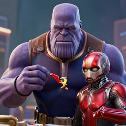 Thanos eating Ant Man, hyper realism, high detail, octane render, 8k, depth of field