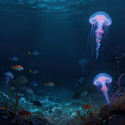 magical deep dark underwater landscape, colorful fish, bioluminescent jellyfish, caustics, seafloor, waves, sea plants, soft light, digital painting, trending on artstation