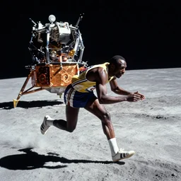 usain bolt racing on the moon, lunar lander in background, kodachrome film