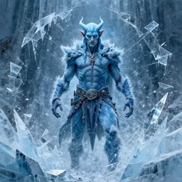 a blue tiefling man frozen in ice and shattering into a million pieces, by Tony Sart, detailed, realistic, masterpiece, symmetrical