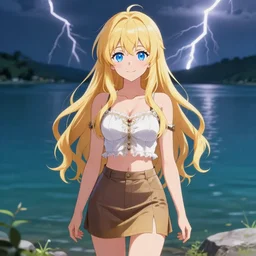 a very beautiful anime cute girl, full body, long wavy blond hair, sky blue eyes, full round face, short smile, fancy top, miniskirt, front view, summer lake setting, cinematic lightning, medium shot, mid-shot, highly detailed, cinematic wallpaper by Stanley Artgerm Lau