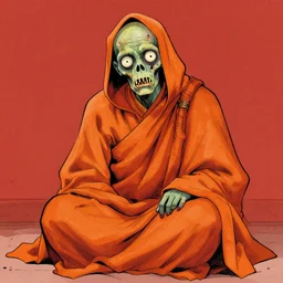 zombie draped in orange monk clothing, drawn by jean giraud and moebius, red tones, flat colors