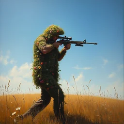 portrait of a sniper in ghillie suit covered with flowers, walking in field, blue sky, detailed, painting by craig mullins, james jean, caspar david friedrich, oil painting, depression tone, radiant light