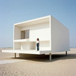 a still of a young woman standing on a huge concrete white deck, high above the ground, of a minimalist brutalist beach house, wide angle, clear sky and background, in the music video Wrapped Around your Finger (1983)