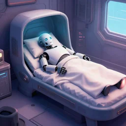 general grievous, robot man, sleeping in his star wars style sleeping pod, bed room in the style of star wars, dreaming, lofi colors