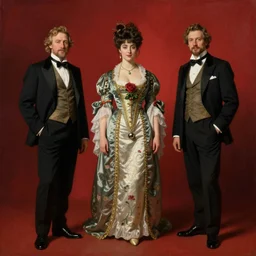 Solomon Joseph Solomon and Richard Schmid and Jeremy Lipking victorian genre painting full length portrait painting of a young beautiful woman french courtesan in fantasy costume, red background