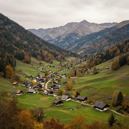 portrait of a mountain valley utopia, 1 8 th century village in autumn