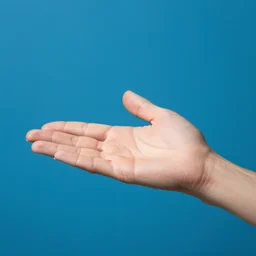 studio photo of an open hand. Blue background.
