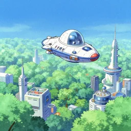 spaceship landing in a futuristic city with lush green trees and blue sky, ilya kuvshinov, digital, concept art, kyoto animation, kawaii, yoshitaka amano, studio lighting, manga, gradation, rule of thirds, fibonacci, cel shaded, flat, matte print