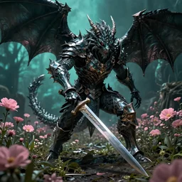 hyperrealistic neo - gothic human dragon hybrid, exoskeleton armor, fighting with sword, field of pink flowers, highly detailed digital art masterpiece, vitaly bulgarov dramatic dark teal light, ground angle hd 8 k, sharp focus