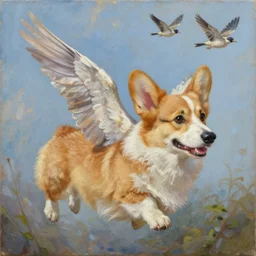 an corgi with wings flying with birds, oil on canvas, portrait, intricate, 8k highly professionally detailed, HDR, CGsociety