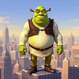 portrait John Goodman Carl/Fredricksen wearing a shrek the ogre costume head eyes with yoked burly physique stands atop a skyscraper norman rockwell brad rigney winslow homer greg rutkowski stop-motion dreamworks pixar
