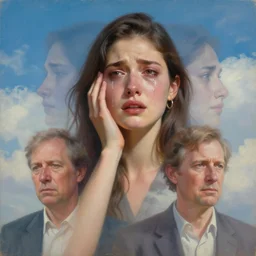 3 d, crying fashion model, sky, poster art, high detail, intricate oil painting, multiple exposure, heaven mood, hyperrealism, 3 d, by stanley kubrick mood and tooth wu and wlop and beeple and greg rutkowski