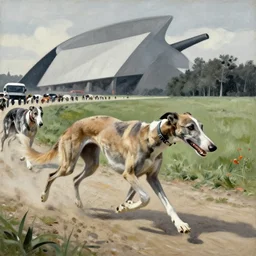 a greyhound race in the style of zdzisław beksinski