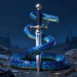 “a vicious blue viper snake wrapped around a wonky dagger, blue tint, tattoo style”