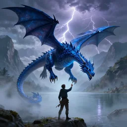 flying blue lighting dragon holding person between claws, misty fog, big lake, montains in background, thunder and lightning, dungeons and dragons, highly detailed, digital illustration, greg rutkowski