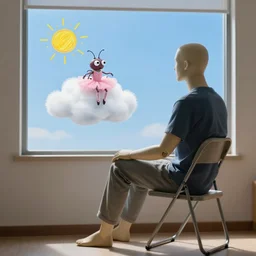 side view of a realistic male mannequin sitting on a folding chair looking out a window at a blue sky, with a hand drawn sun and hand drawn cloud, that has an absurd bug with tiny multiple eyes and wearing a pink ballerina outfit, sitting on the cloud, octane, 8 k rendered, highly detailed
