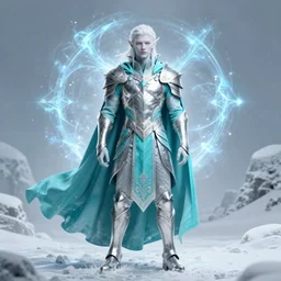 handsome male snow elf in a turquoise cape and silver ornate armour, albino skin, elden ring, realistic, dnd character portrait, full body, dnd, rpg, lotr game design fanart by concept art, behance hd, artstation, deviantart, global illumination radiating a glowing aura global illumination ray tracing hdr render in unreal engine 5