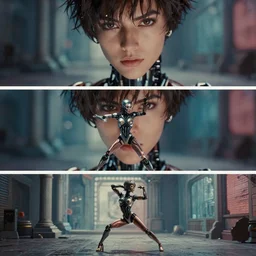 beautiful three point perspective film still of funky pop cyborg dancer in ronin, extreme closeup portrait in style of frontiers in blade runner miniature photography fashion architectural art studio seinen manga edition, soft lighting, kodak portra 4 0 0, 8 k, macro, cinematic style by emmanuel lubezki