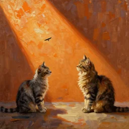 Divi kaķi spēlē pingpongs uz oranža fona, oil painting