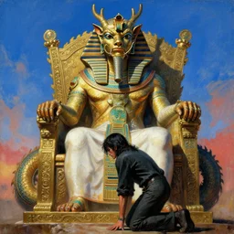 chinese dragon as an egypt god sitting on a glorious throne, a person bending knee front of him worshipping him, 1 7 th century, digital art, wet - on - wet technique, realistic, expressive emotions, intricate textures, illusionistic detail, peter mohrbacher, epic, artstation, vivid sky, junji ito, detailed hands, detailed faces,
