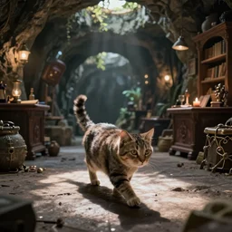 futuristic VFX movie of a cat walking through a wizards magic underground study, natural lighting by Emmanuel Lubezki