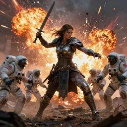 a beautiful warrior princess in battle against zombie astronauts, wide angle action shot, designed by ralph mcquarrie artgerm and moebius, octane render, intricate detail, hdr, 8 k, volumetric lighting, explosions, napalm, sunset apocalypse background - 9 6 0