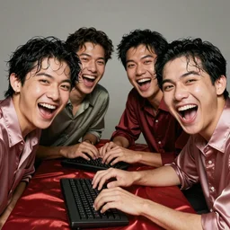 several guys typing a keyboard and laughing very hard, mouth wide open, looking at camera, silky smooth cloth, wet look